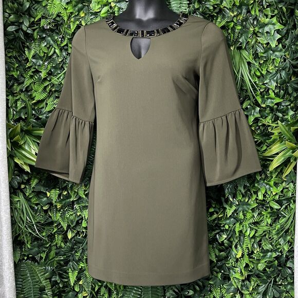CYNTHIA STEFFE‎ Dress Women 12 Green Bell Sleave Beaded Neck Sheath 2025 - Picture 1 of 10